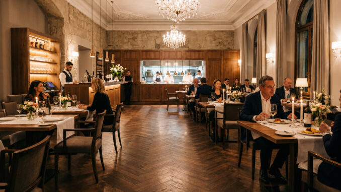 Parquet in legno posato a spina di pesce nella sala ristorante