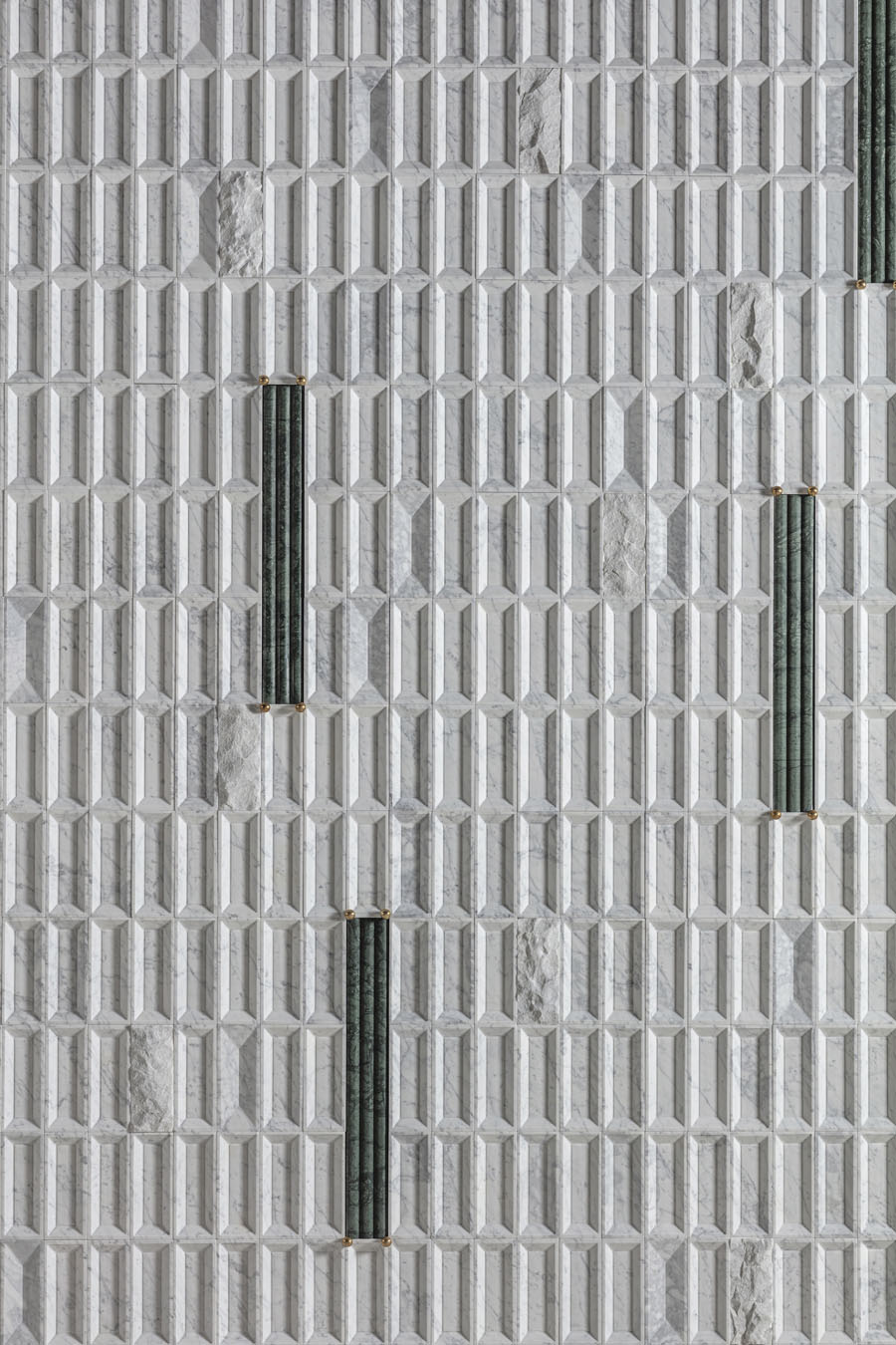 Lithea Windows of Light natural stone cladding with marble modules and green inserts