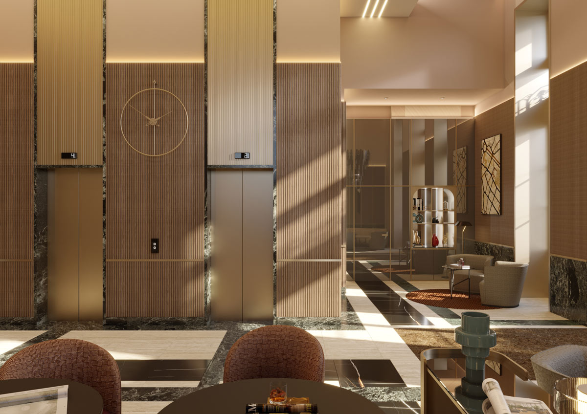 Rendering of The Duke Milan lobby with lifts, geometric flooring and lounge area