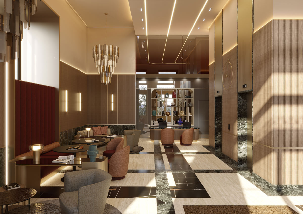 Rendering of The Duke Milan lobby with reception area, seating and stone-like surfaces