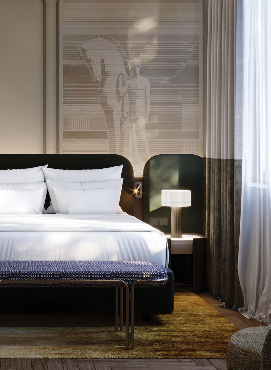 Rendering of a guest room at The Duke Milan with upholstered headboard and decorative panel