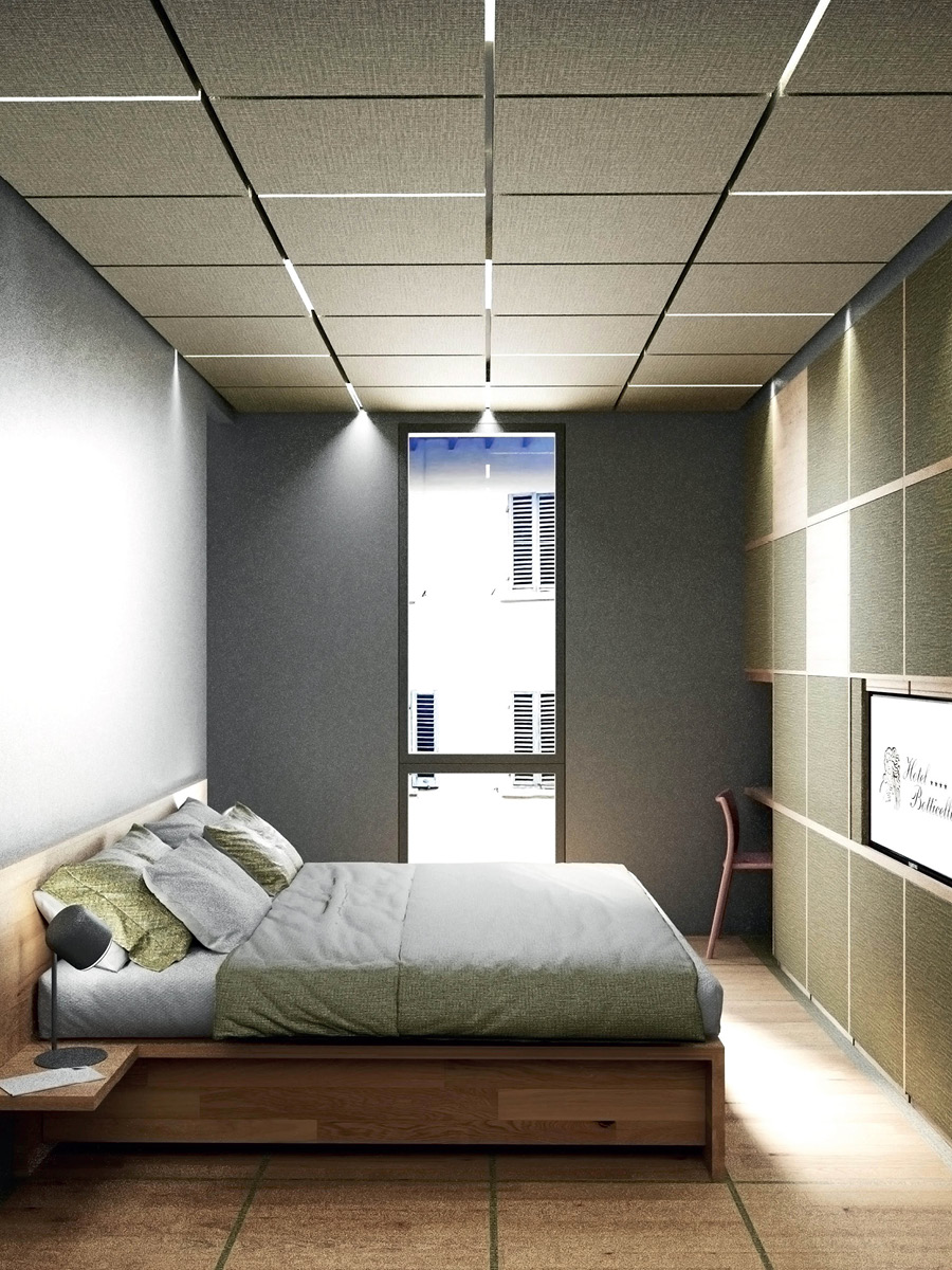 Render del progetto di Linda Rizzo per una camera d’hotel