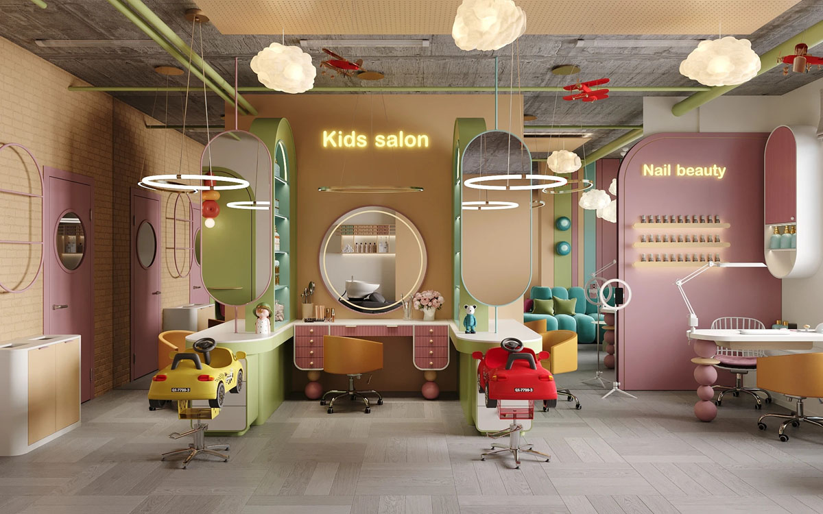 Progetto di spazio kids per attività commerciali con area beauty e salone per bambini