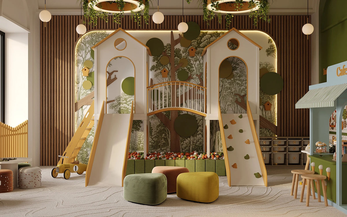 Progetto di area kids per attività commerciali con scivoli, arrampicata, piscina di palline e zona gioco