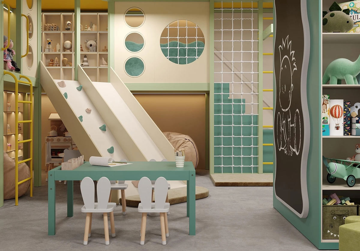 Spazio kids per attività commerciali con scivolo, rete da arrampicata, area creativa e arredi su misura