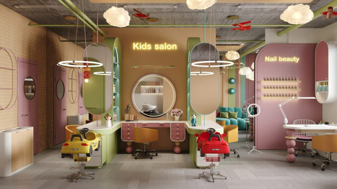 Progetto di spazio kids per attività commerciali con area beauty e salone per bambini