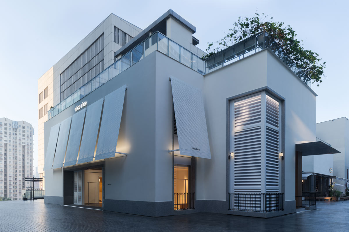 Exterior view of the nice rice Upper Hills concept store in Shenzhen