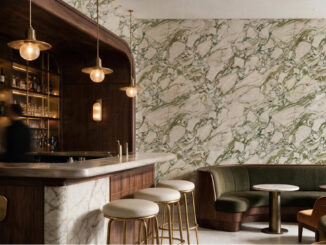 Terra Forma by Hovia marble-effect wallpaper in a hospitality interior